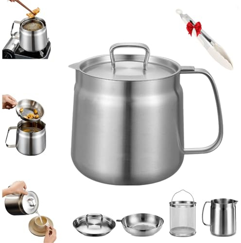 2-304 Stainless Steel Multifunctional Oil Strainer Pot with Ergonomic Handle & Fine Mesh Spout,Oil Filter Pot, Dishwasher Safe Cookware for Home, Restaurant & Camping Oil Keep (1PC-2L)