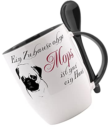 Tasse mit Löffel Ein Zuhause ohne Mops Löffeltasse, Kaffeetasse mit Motiv,Bürotasse, bedruckte Tasse mit Sprüchen oder Bildern - auch individuelle Gestaltung nach Kundenwunsch
