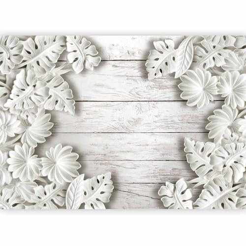 murando - Papier peint panoramique artistique 350x256 cm - Revêtement mural décoration pour chambre salon - Design moderne - Gris vert - Fond de texture de fleurs en bois motif blanc f-C-0095-a-a