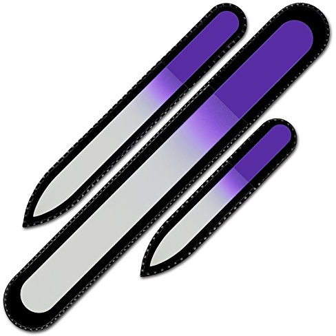 Mont Bleu Premium Set of 3 Purple Crystal Nail Files in Black Pouch - Genuine Czech Tempered Glass - Handmade in Czech Republic - Best Glass Nail File for Natural Nails