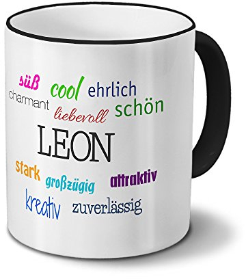 printplanet Tasse mit Namen Leon - Positive Eigenschaften von Leon - Namenstasse, Kaffeebecher, Mug, Becher, Kaffeetasse - Farbe Schwarz