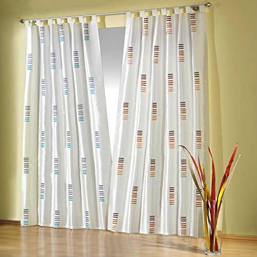 heimtexland ® Schlaufenschal Offwhite Blickdicht in Seidenqualität Bestickt in Aqua blau türkis 235 x 140 cm Gardine Vorhang Dekoschal Typ574