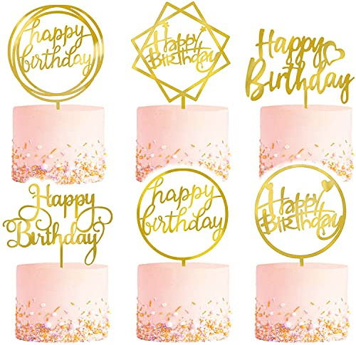 6 Stück Gold Geburtstag Kuchen Topper Set, Doppelseitig Glitzer Acryl Happy Birthday Cake Topper Cupcake Topper Geburtstag Dekorationen für Kinder oder Erwachsene