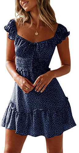 YOBECHO Women Summer Sundress Cap Sleeve Sweetheart Neck Print Mini Dress, Small, Navy Blue
