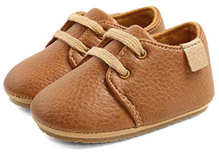 LACOFIA Zapatos Oxford con Cordones para Bebé Niños Zapatillas Primeros Pasos Antideslizantes para Bebés Marrón 12-18 Meses
