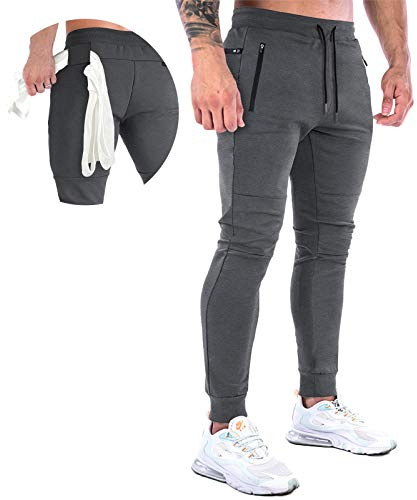 MakingDa Tracksuit Bottoms Men Slim Fit Gym Joggers Training Pants Tapered Skinny Cuffed Sweatpants Jogging Activewear Trousers Elastic Waist Drawstring Zip Pockets-Dark Grey-L