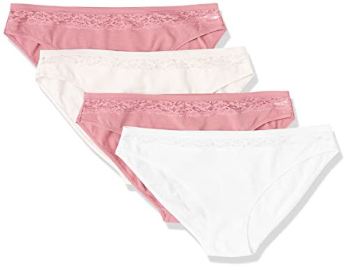 Amazon Essentials sous-vêtements de Bikini en Coton et Dentelle Femme, Lot de 4, Blanc Vif/Rose Pâle/Mauve, 38