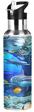 Mnsruu Delfino Pesce Animale Marino Borraccia Termica con Cannuccia Sportiva, Bottiglia Acqua in Acciaio Inox Isolato 600ML Senza BPA per Bevande Calde e Fredde per Bambini Scuola