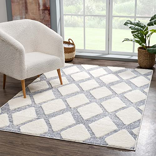 carpet city Teppich Hochflor Wohnzimmer - 80x150 cm - Scandi, Landhaus-Stil Creme Grau - Cut-Loop, Hochtief, 3D-Effekt - Shaggy Teppiche Flauschig-Weich Schlafzimmer Langflor