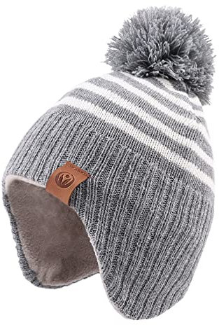 XIAOHAWANG Baby Mütze Winter Klassische Kindermütze Mädchen Jungen Warme Strickmütze mit Pompon Kleinkind Bommelmütze für Outdoor-Aktivitäten (4-7Jahren, Grau-Hut)