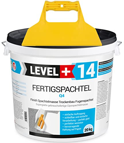 Level +14 Spachtelmasse Weiß Innen, Gebrauchsfertige Polymer-Fertigspachtel | für Wand & Decke, Q4 Finish zum Glätten, Füllen & Reparieren, Leicht Schleifbar, Für Gipskarton, Beton - 20 kg & Spachtel