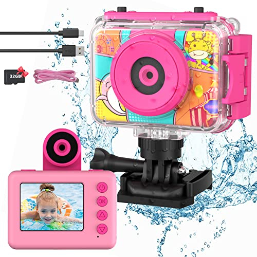 Ushining Kinderkamera wasserdichte Kamera für Kinder, 1080P Digitalkamera Videokamera Selfie Kamera Unterwasser Kamerakinder mit 2,0 Zoll Bildschirm, Geschenk für 3-12 Jahre Mädchen Jungen, Rosa