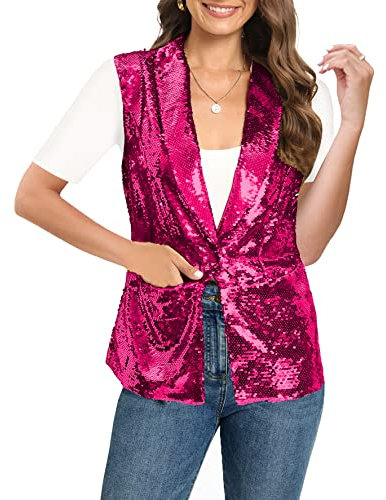 IWFEV Blazer à paillettes à manches longues et col châle pour femme, Rose sans manches, Large