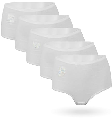 Damen Basic Taillenslip 5er Pack. 100% Baumwolle Bestickt/Uni Hohe Taille (40-58) Hüftslip hoher Panty Mehrpack Maxislip (40-42)