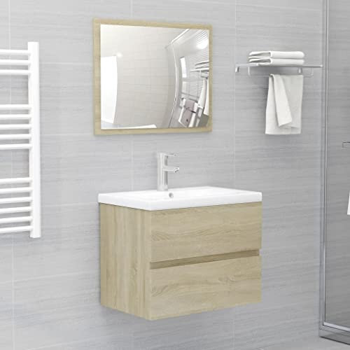puraday Set Mobili da Bagno 2 pz Rovere Sonoma in Truciolato Mobile Bagno Con Specchio Mobile Sotto Lavabo Mobili Bagno Sospesi Mobiletto Lavandino Bagno Spazio Sufficiente Per Riporre Gli Oggetti