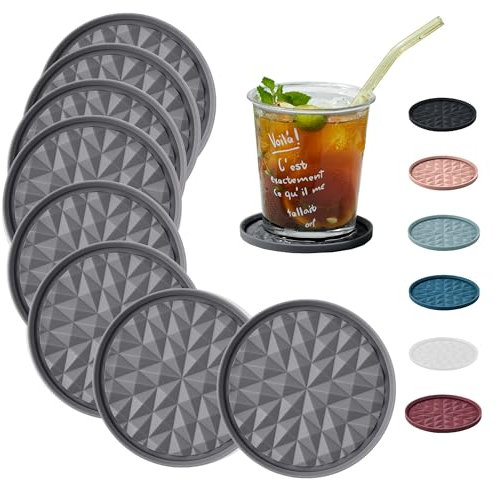 Coasters Set of 8 [No Holder] Non-Slip Dark Grey Round Cup Silicone Mats for Drinks Coffee Beer Wine Glasses Bottles Reusable Home & Bar Accessories 10cm