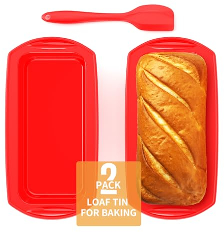 Ankway Rechteckig Silikon Brotbackform mit Teigschaber, 2er Set Anti haftende Silikon Backform Kastenform für Kuchen und Brote, 28x14.3x6.3cm, Rot, ASI013