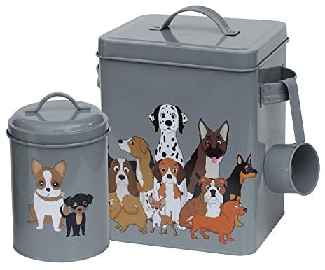 simpa 3PC Metal Dog Food Storage Set featuring Quirky Dog Pack Illustration: Dog Food Tin, Dog Treats Tin & Serving Scoop - Matt Grey Finish.