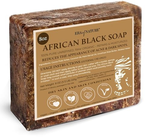 era of nature Best Raw ORGANIC AFRICAN BLACK SOAP, for Dry Skin and Skin Conditions. Pure & Natural Ingredients, Imported From Ghana - 8oz