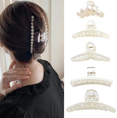 Pinces à Cheveux avec Perles,LYQQY 5 PCS Grandes Pinces à Cheveux avec Perles Antidérapant, Forte Adhérence, Élégant Pince à Cheveux Perle pour Filles aux Cheveux Épais, Fête de Vacances, Mariage