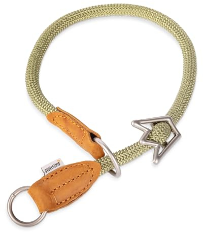Rudelkönig Hundehalsband Emma - Elegantes Zugstopp Halsband aus Leder und Nylon - ø 12mm - Bequemes Tau Halsband für mittelgroße Hunde in Khaki