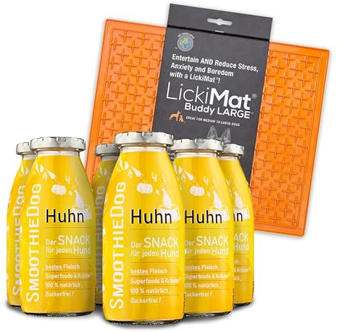 Hunde Smoothie SmoothieDog 6er Huhn + Lickimat Buddy L Orange - Flüssiges Hundeleckerli - Zucker- & glutenfrei - Schleckmatte - je 250ml
