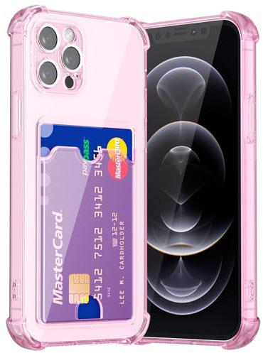 Svanove for iPhone 12 Pro Case Wallet Clear, Card Holder Case with Credit Card Slot, Thin Slim Transparent Silicone Grip Soft Rubber Protective Shockproof Airbag Bumper for Women, Light Pink