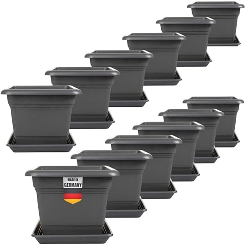 LIVINJA Pflanzkübel Groß Außen 12er Set - 40x40cm Robuste, Eckige Blumentöpfe, Frostsicher & mit Untersetzer, Anthrazit für Garten & Terrasse