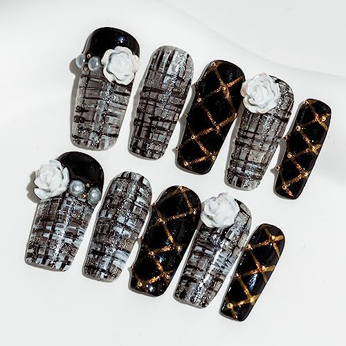 Sun&Beam Nails Handmade Long Medium Square Black False Nail Tips with Cute 3D White Flower Popular Charm Design Press On Nails 10 Pcs (#68 S)