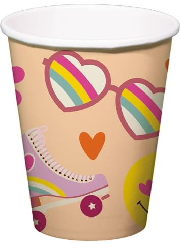 Folat 25030 Retro Hippie Boho Party - Trinkbecher - Boho Girlz - 250 ml - 8 Stück - Groovy Partyzubehör Gänseblümchen Blume Regenbogen Party Dekorationen