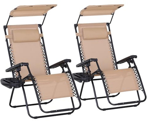 Outsunny 2 Piece Foldable Reclining Garden Chair with Headrest, Zero Gravity Deck Sun Lounger Seat Chair with Footrest, Armrest, Cup Holder & Canopy Shade, Beige