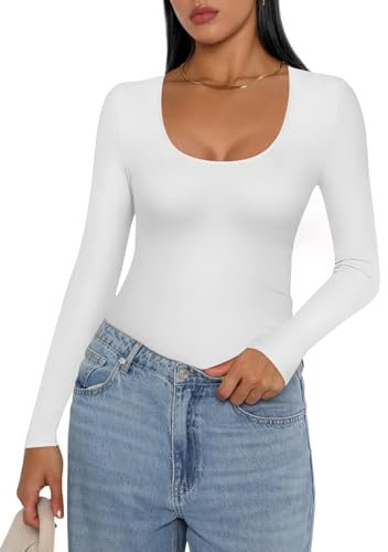 Ekouaer Long Sleeve Tops Womens Long Sleeve T-Shirt U Neck Base Layer Top Thermal Vest White L