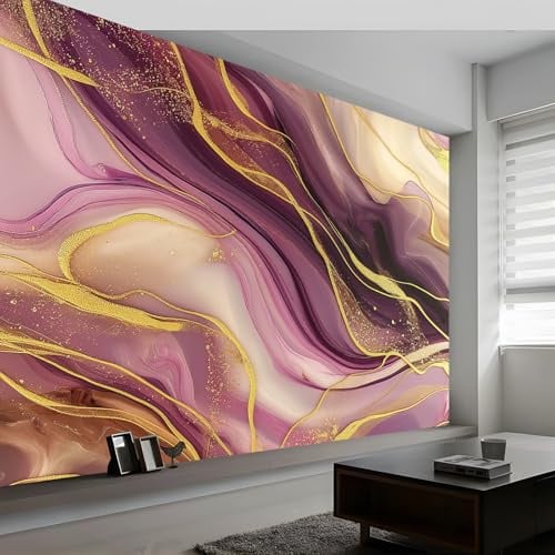 3D Wall Mural Marble Luxury Swirl Stripes Print Photo Wallpaper, Purple Gold Non-Woven Wall Mural Decoration Poster Picture Design Modern 200 x 140 cm (W x H) Mural for Living Room Kids Bedroom