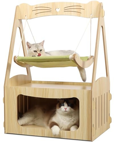 Hibtn Double Cat Hammock Bed with Wooden Frame - Breathable Pet Swing Chair House Combo for Cats and Small Dogs, Indoor Hanging Sleeping Pod Cosy Nest