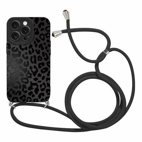 Coalbooliy Coque avec Cordon pour iPhone 16 Pro Max 6,9 avec Motif Noir Imprimé Léopard Case, Aesthetic Silicone Étui Collier Réglable Corde Cover TPU Antichoc Housse Protection pour Femmes, 03