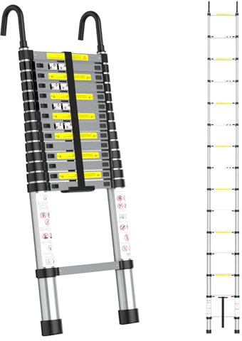 Kuro Sagol Scala Domestica in Alluminio 4,4 m Con Gancio Allungabile - Multifunzione per Giardino, Tetto e Soffitta - Robusta e Impalcatura per Applicazioni Versatili