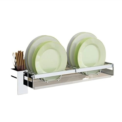 Escurridor de platos y cuenco de acero inoxidable montado en la pared con bandeja, organizador de cocina para cuenco, soporte para palillos, escurridor de platos colgante para almacenamiento y