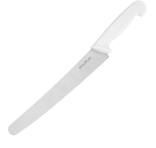 Hygiplas Serrated Pastry Knife, White, 25.4cm - Sharp Stainless Steel Blade, Dishwasher Safe FX127 | Dishwasher safe for rapid, hygienic cleanup, slicing through delicate baked goods cleanly without tearing.