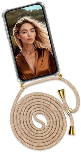 ONEFLOW Handykette für Samsung Galaxy S24 FE Hülle mit Band, Handyhülle mit Kette abnehmbar, Handyband zum Umhängen, Handy Umhängeband Lange Handykordel, Twist Case – Gold Beige