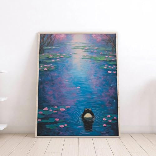 Sommer Lotus Teich Frosch Seerose Tier Poster Druck Nacht Ansicht Wand Kunst Floral Leinwand Malerei Lustige Zimmer Home Decor A2 30X40Cm Kein Rahmen