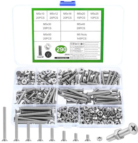 Set di 290 viti M5, dadi a testa svasata in acciaio inox, viti a testa piatta con dadi, viti a croce, set di viti filettate e dadi (M5)