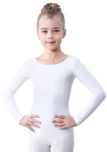 Soudittur Ballettanzug Mädchen Langarm, Kinder Ballett Trikot Baumwolle Ballett Body TanzBody Gymnastikanzug Turnanzug für Damen Größe 110-170 (Weiß, 140)