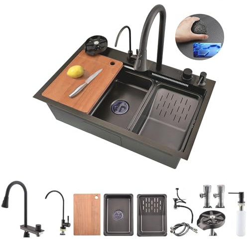 Bokaiya Fregadero de Cocina, Cascada de Acero Inoxidable Raindance Nano Fregadero, Lavavasos, Multifuncional con Grifo Extraíble, Tabla de Cortar, Rainfall Fregadero Cocina 1 Seno 85x45x21cm (Negra)