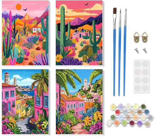 DOMROM Paysage Peinture Numero Adulte, Lot de 4 Kits Peinture par Numéros avec Cadre, DIY Peinture Acrylique Coloriage Par Numero Paint by Numbers pour la Décoration de la Maison 20x30cm