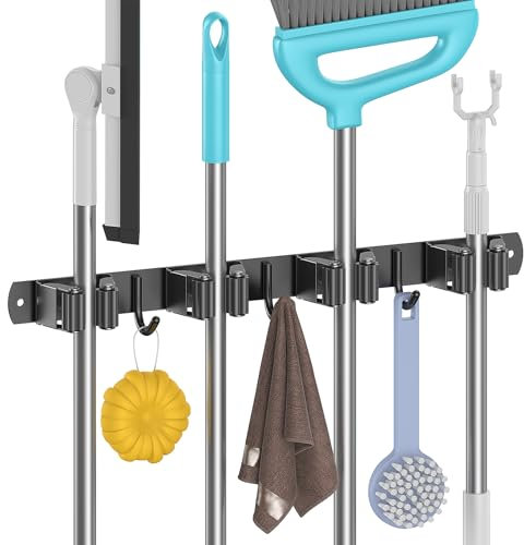Juspota Porta Scope Parete Autoadesivo, Portascope da Muro con 4 Supporti e 3 Ganci, Appendi Scope a Muro in Acciaio Inox Avvitabile, Porta Mocio Salvaspazio, Nero