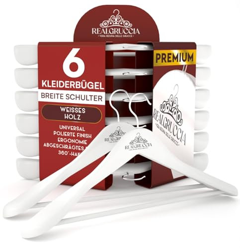 6 Kleiderbügel aus Holz Breite Schulter 24x45cm Farbe Weiß Holzbügel Hosen und Hemden - RealGruccia mit Hosensteg Polierter Oberfläche Drehbaren Hakens 360° Abgeschrägte Profile
