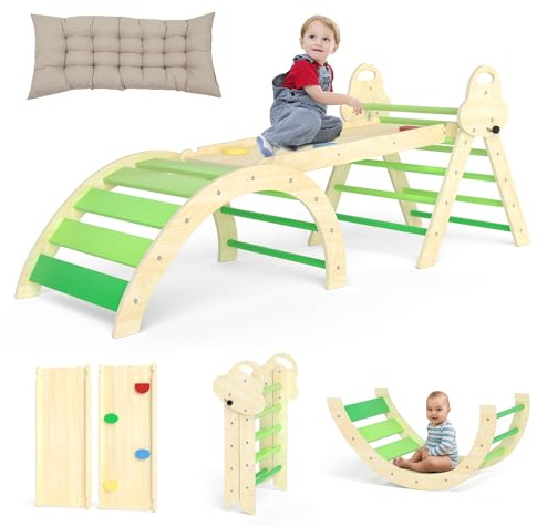 7-in-1 Montessori Kletterdreieck mit Kissen – Holz Kletterspielzeug für Kleinkinder 1-3 Jahre – Indoor Kletterbogen mit Rutsche, Leiter & Spielbogen (Green)