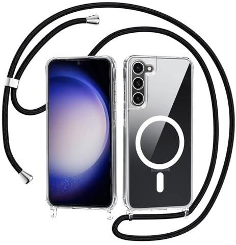 Coque pour Samsung Galaxy S23 5G avec Cordon, Compatible avec MagSafe, Étui Transparent Magnétique Housse avec Collier Réglable Résistant Silicone Antichoc TPU + Dur PC, Chaîne Noir