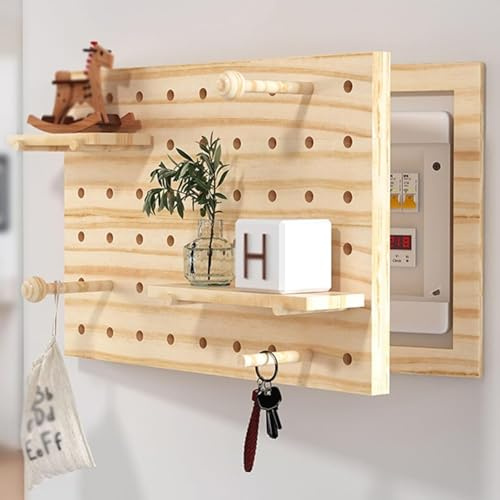 Copri Scatola Fusibili Decorativi per Parete, Copri Quadro Elettrico in Legno Massello con Ripiano, Robusto Copri Scatola Interruttori con Ganci per Ingresso Soggiorno,50x40cm