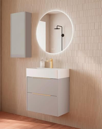 Mueble Baño Suspendido a Pared Fondo Reducido | 2 Cajones con Lavabo Cerámico | Moka Mate Tirador Oro | 60cm